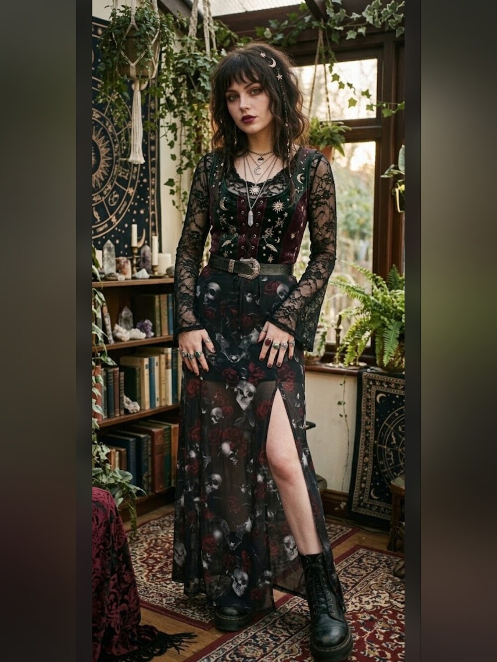 NWT Killstar Kleodora Whimsigoth Black Sheer Skull & Rose Maxi Skirt, XS